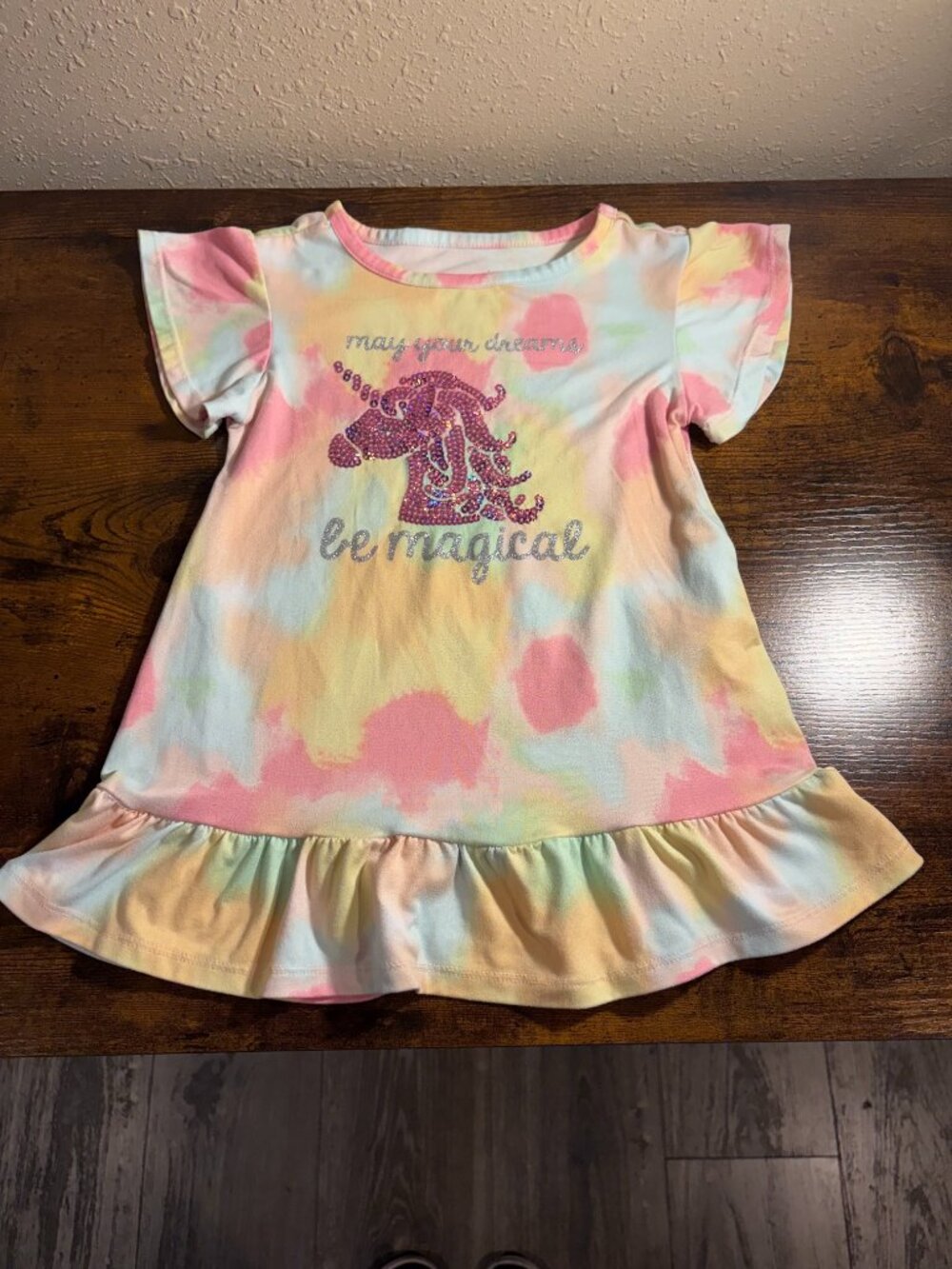 Girls Pastel Tie-Dye Unicorn “Be Magical” Ruffle Dress
